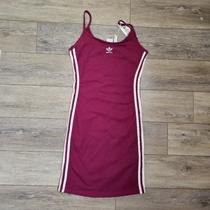 adidas Originals Deep Magenta Spaghetti-Strap Mini Dress with White Stripes